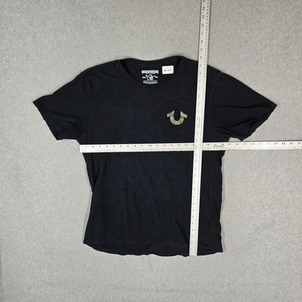 True Religion Men Shirt L/G Black Graphic Buddha Guitar Grunge Logo Short Sleeve